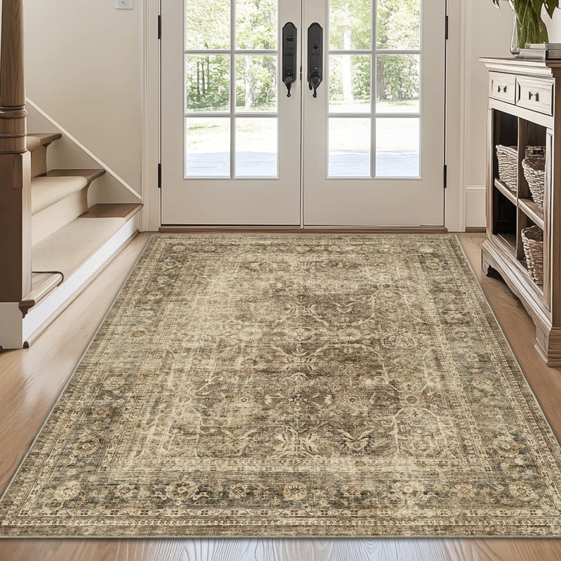 FMFUNCTEX 4x5 Washable Area Rug Neutral Vintage Brown Non Slip Low Pile Traditional Indoor Carpet for Entryway Living Room Bedroom Soft Retro Floral Mat Throw Rug for Dining Office Kitchen Entryway - Image 1