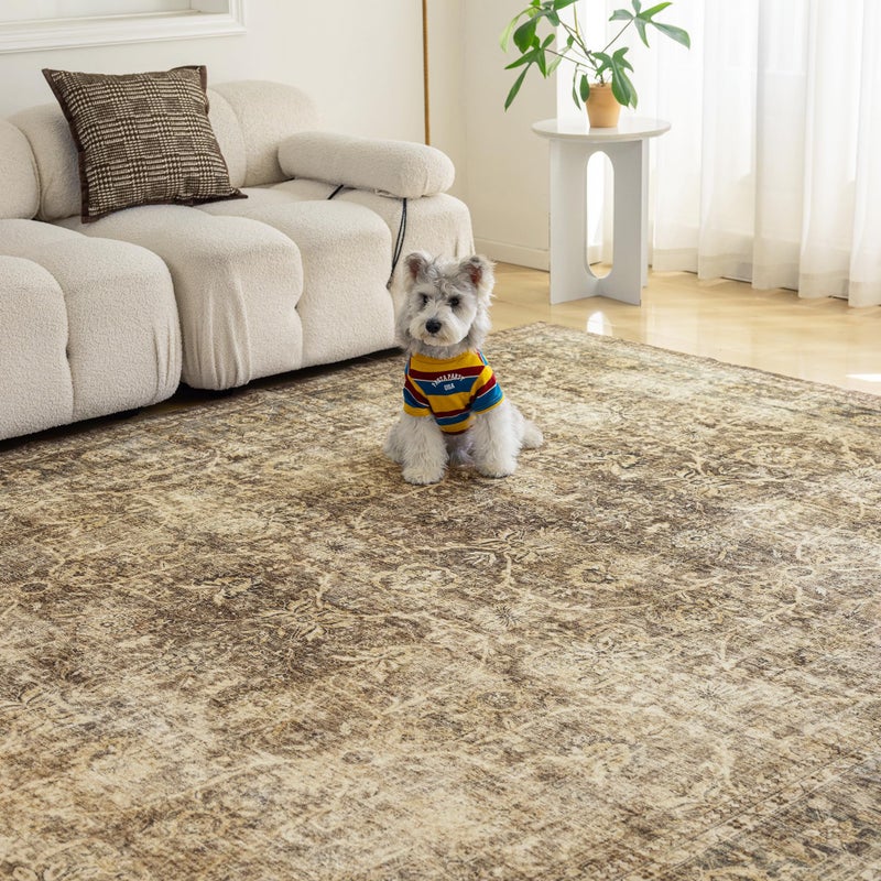 FMFUNCTEX 4x5 Washable Area Rug Neutral Vintage Brown Non Slip Low Pile Traditional Indoor Carpet for Entryway Living Room Bedroom Soft Retro Floral Mat Throw Rug for Dining Office Kitchen Entryway - Image 3