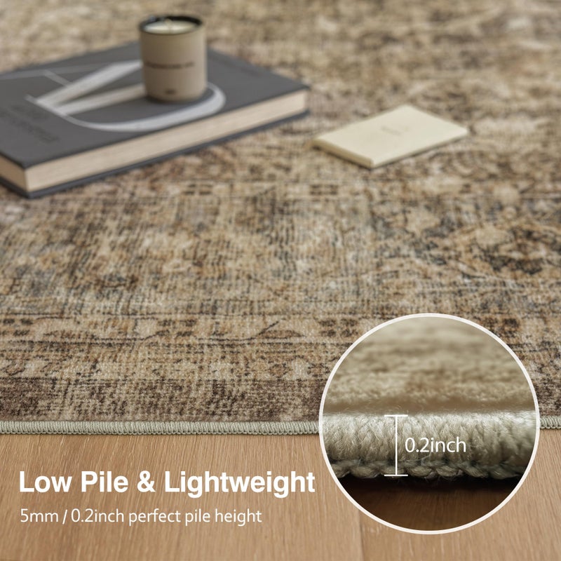 FMFUNCTEX 4x5 Washable Area Rug Neutral Vintage Brown Non Slip Low Pile Traditional Indoor Carpet for Entryway Living Room Bedroom Soft Retro Floral Mat Throw Rug for Dining Office Kitchen Entryway - Image 4