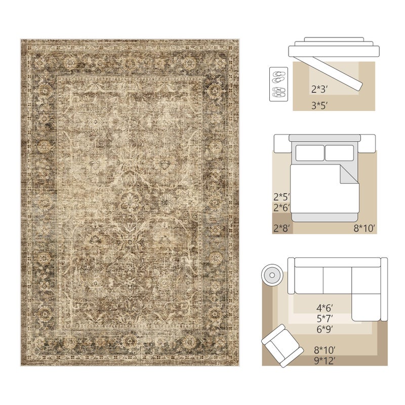FMFUNCTEX 4x5 Washable Area Rug Neutral Vintage Brown Non Slip Low Pile Traditional Indoor Carpet for Entryway Living Room Bedroom Soft Retro Floral Mat Throw Rug for Dining Office Kitchen Entryway - Image 2