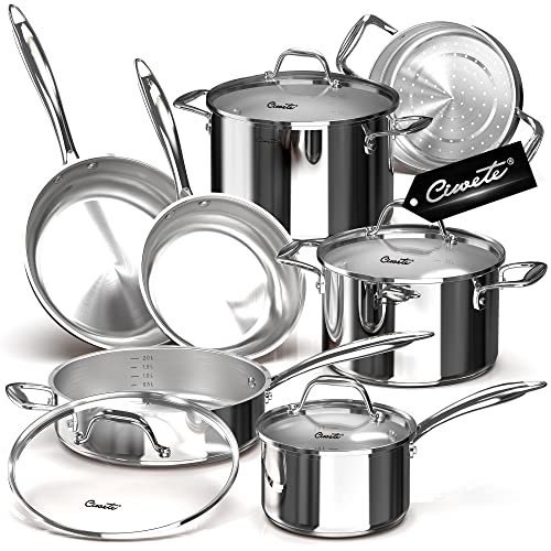 Ciwete 11-Piece Tri-Ply Stainless Steel Pots and Pans Set, 18/10 Stainless Steel Cookware Set with Steamer Insert, Induction Kitchen Cookware Sets with Cool Ergonomic Handles, Dishwasher, Oven Safe - Image 1