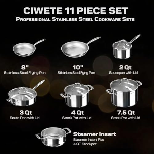 Ciwete 11-Piece Tri-Ply Stainless Steel Pots and Pans Set, 18/10 Stainless Steel Cookware Set with Steamer Insert, Induction Kitchen Cookware Sets with Cool Ergonomic Handles, Dishwasher, Oven Safe - Image 3