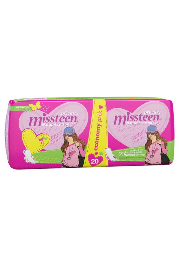 Private Missteen Natural Cotton Feel Extra Thin Pads With Wings 20 Normal Pads - Image 2