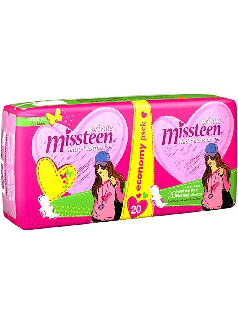 Private Missteen Natural Cotton Feel Extra Thin Pads With Wings 20 Normal Pads - Image 1