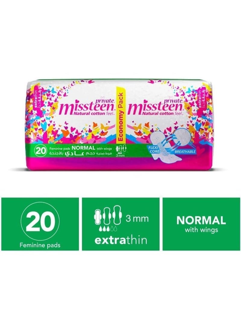 Private Missteen Natural Cotton Feel Extra Thin Pads With Wings 20 Normal Pads - Image 2