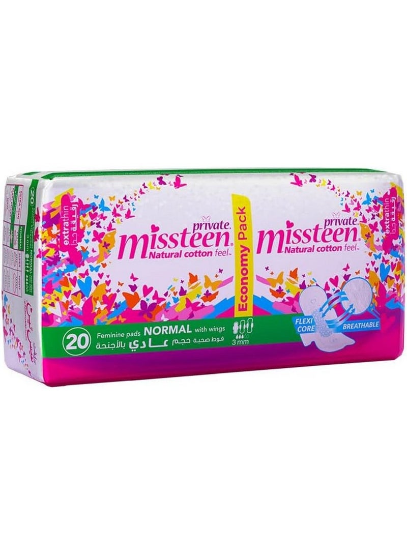 Private Missteen Natural Cotton Feel Extra Thin Pads With Wings 20 Normal Pads - Image 1