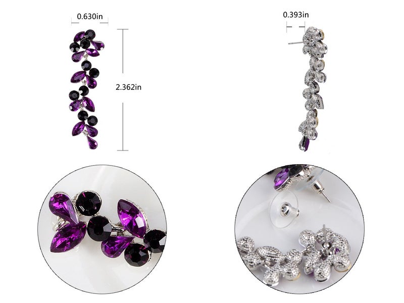 Alilang Metal Tone Grape Colored Stone Embellished Flower Leaves Dangling Earrings, Purple - Image 5