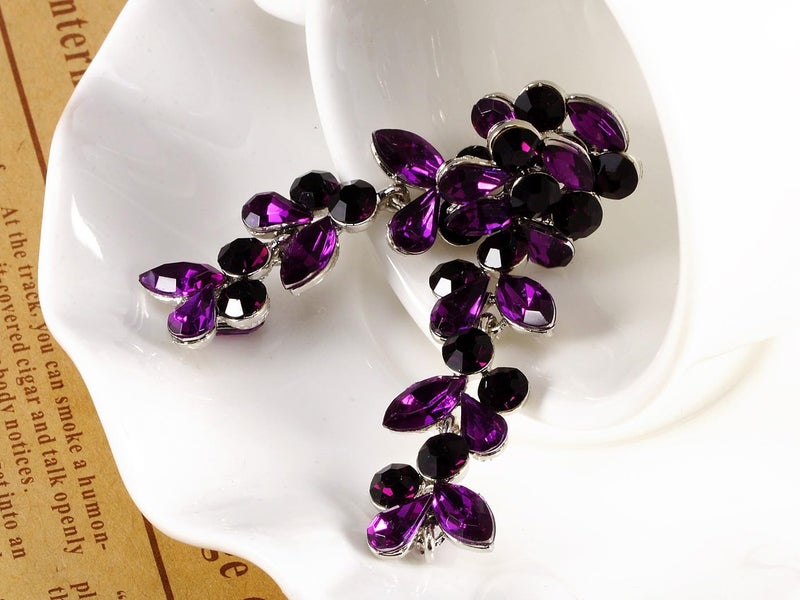 Alilang Metal Tone Grape Colored Stone Embellished Flower Leaves Dangling Earrings, Purple - Image 4