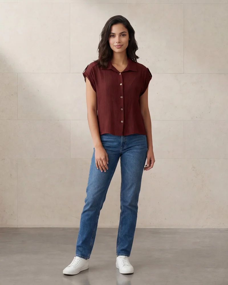 Redtag Women Brown Button Front Collared Woven Shirt