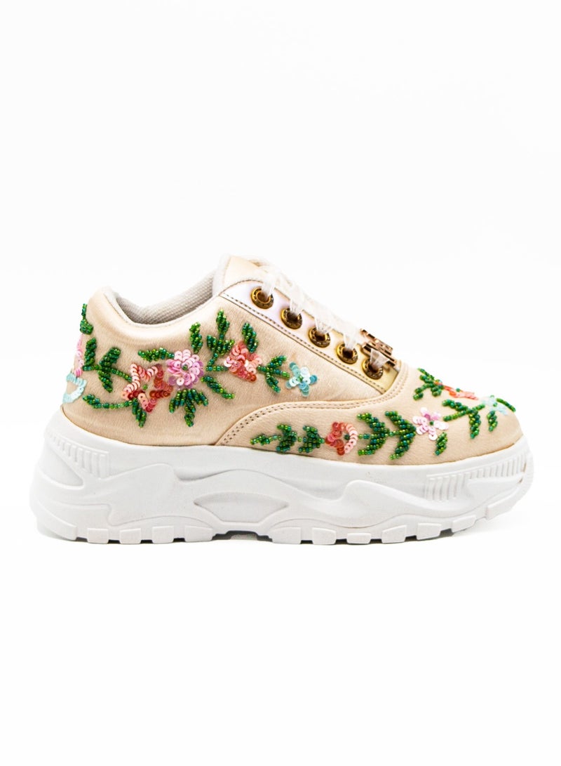 RETTROSE The Ariana Luxury Buttermilk Satin Handmade Embellished Trainers  - Image 1