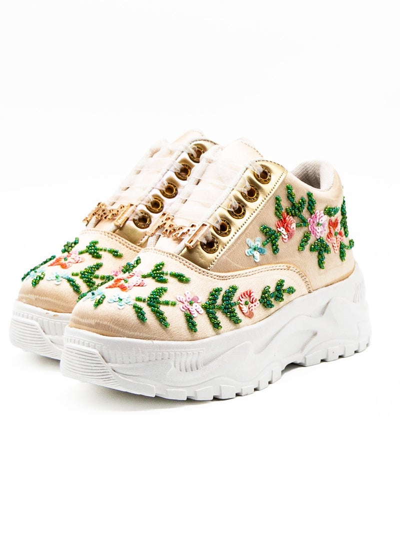 RETTROSE The Ariana Luxury Buttermilk Satin Handmade Embellished Trainers  - Image 2