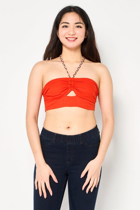 Women Halter Neck  Sleeveless Textured Tank Top, Orange