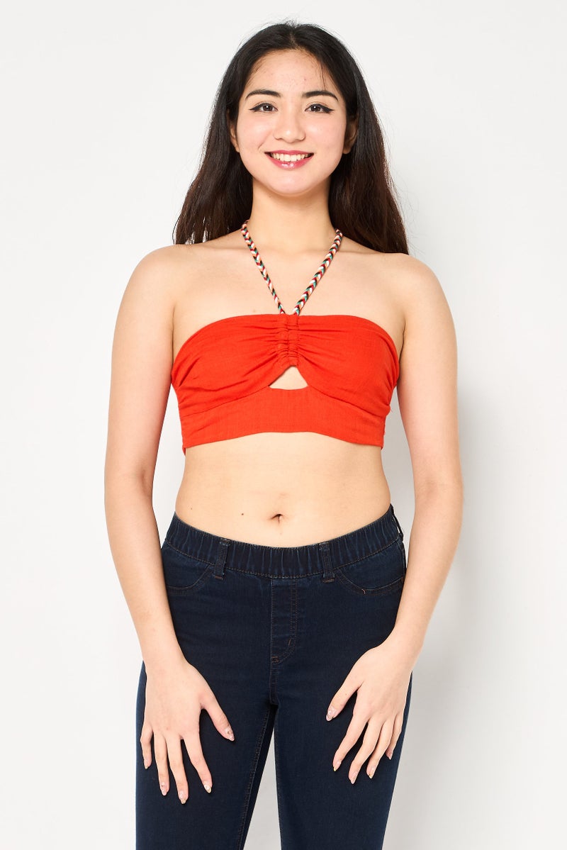 Bershka بلوزة نسائية بدون أكمام بتصميم هالتر، برتقالية - Image 1