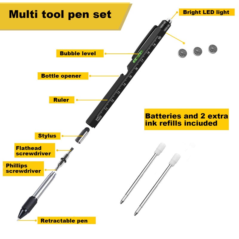 YouOKLight Multi tool pen set, gift tool pen, multitool pen for men, 9 in 1 pen multitool, ruler (Metric, Imperial), screwdriver (flat, cross), bottle opener, level gauge, stylus, LED flashlight, pen - Image 2