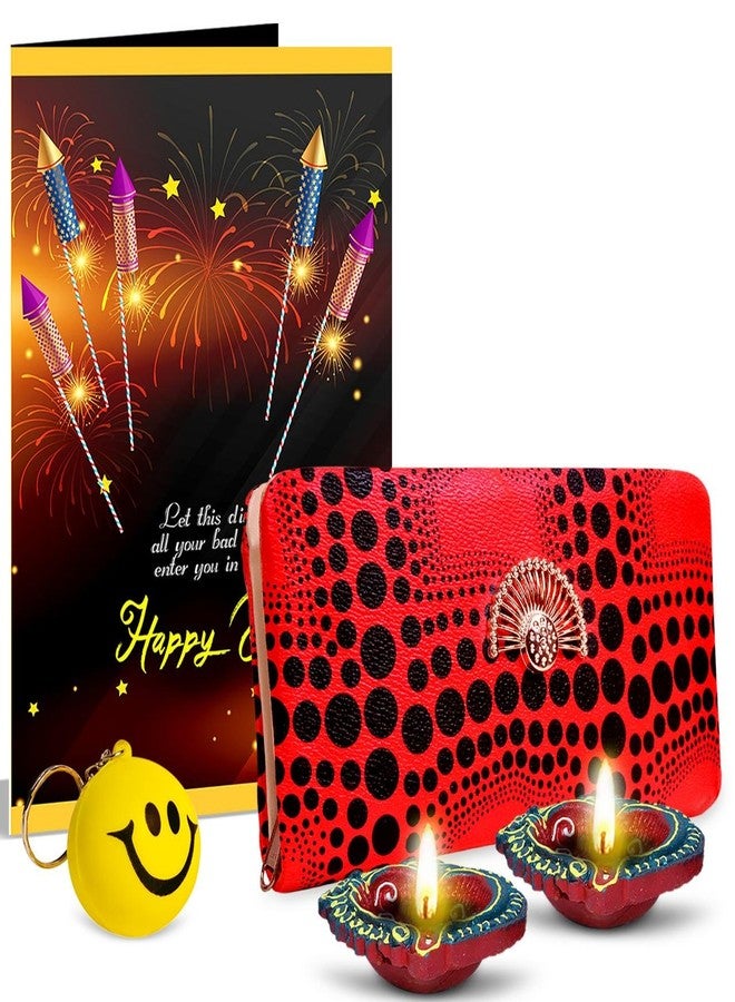 Alwaysgift Happy Diwali 2 Diyas, Ladies Wallet, Smiley Keychain,s & Greeting Card Combo Set - Image 1