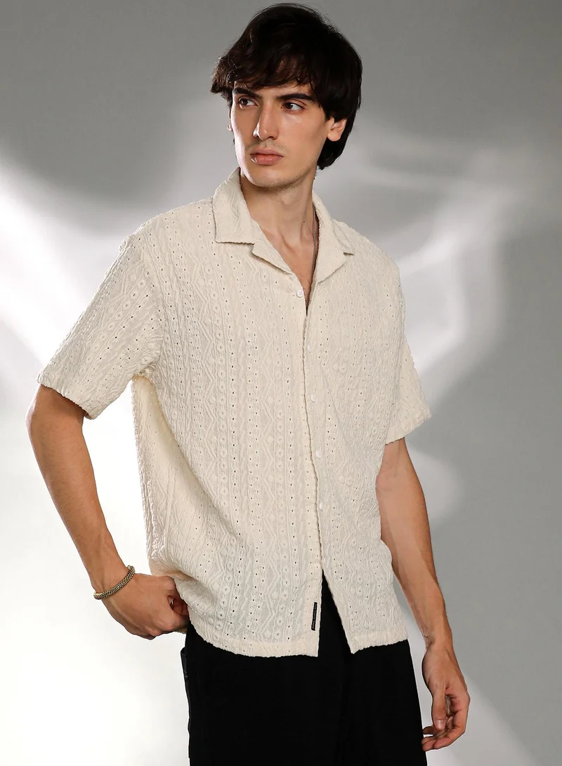 Campus Sutra Men's Off-White Aztec-Textured Shirt