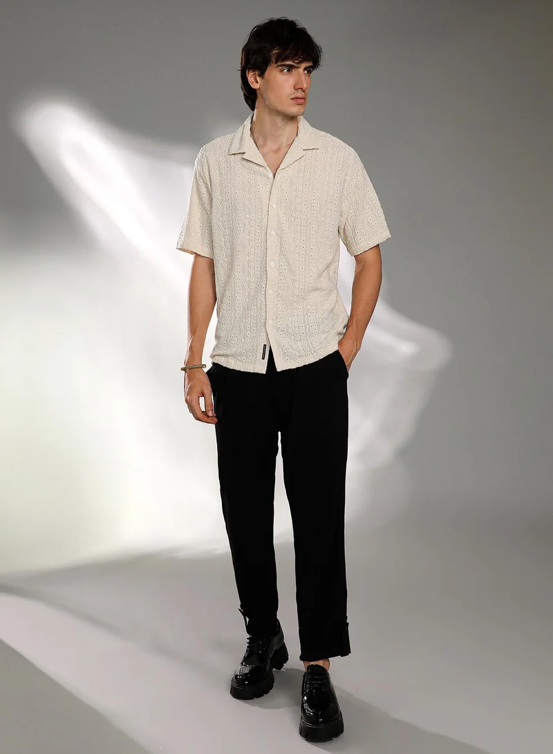 Campus Sutra Men's Off-White Aztec-Textured Shirt
