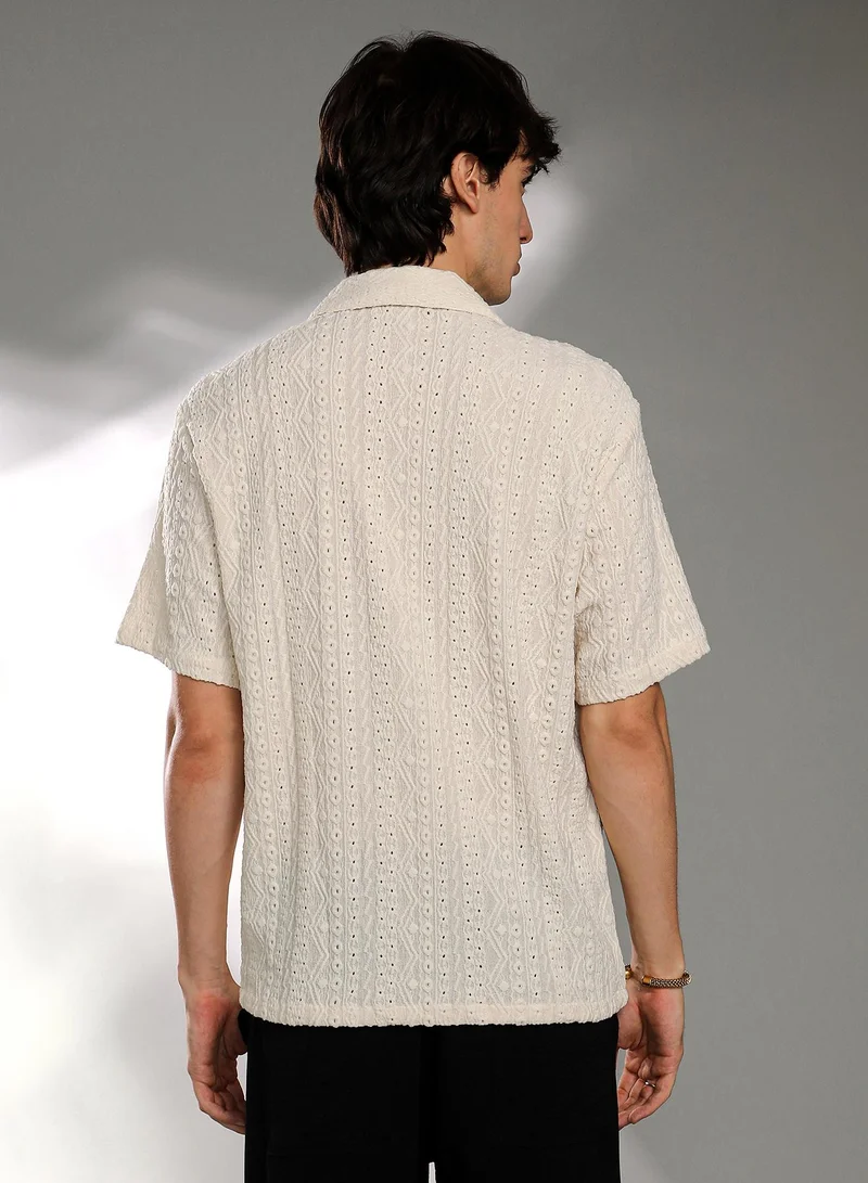 Campus Sutra Men's Off-White Aztec-Textured Shirt