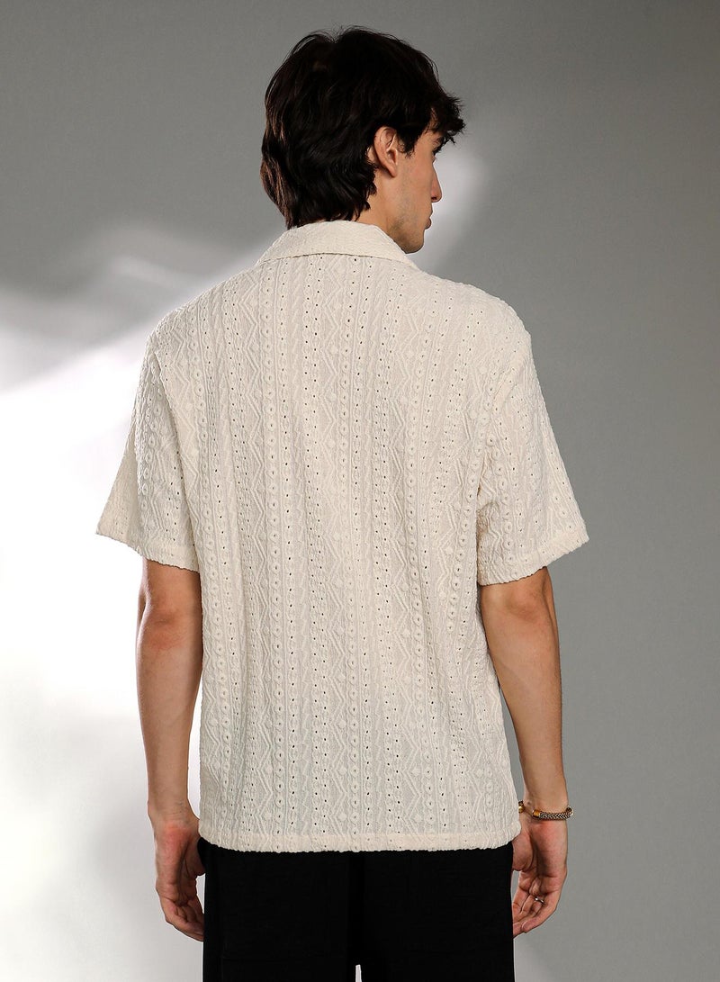 Campus Sutra Men's Off-White Aztec-Textured Shirt  - Image 5