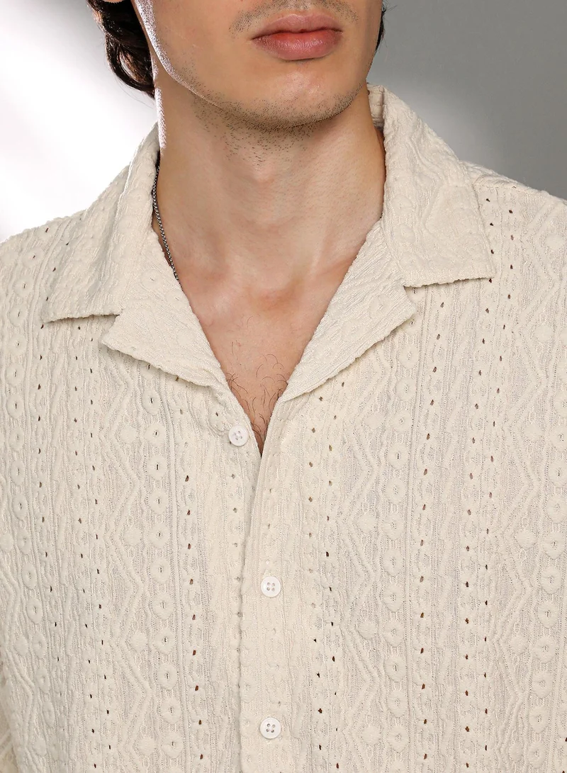 Campus Sutra Men's Off-White Aztec-Textured Shirt