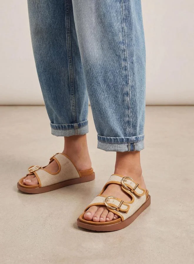Styli Tan Double Buckle Flat Mule Sandals