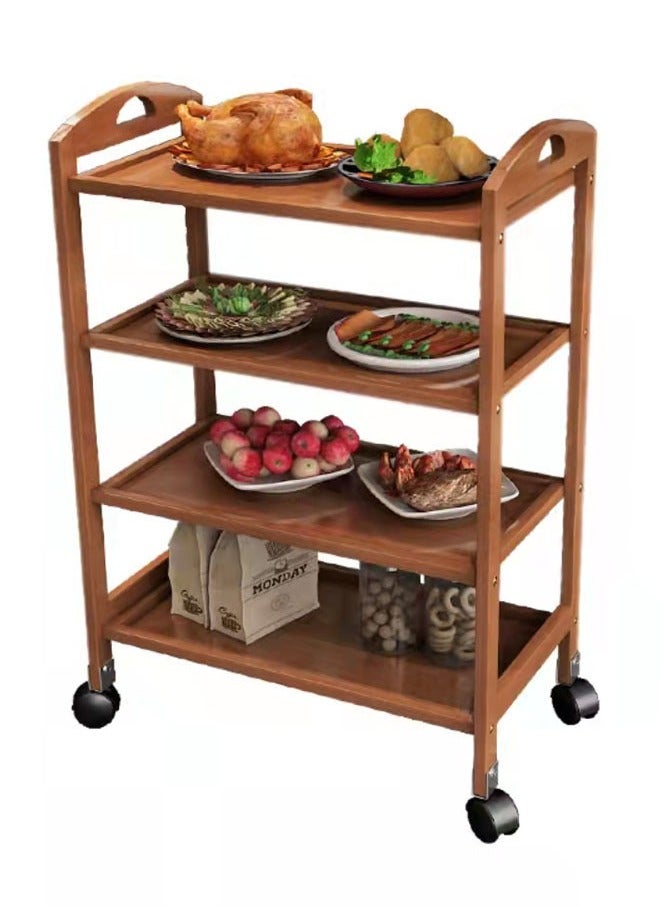 LINGWEI Food Serving Trolly Bamboo Cart with Movable Wheels Kitchen Island Cart with Handle Utility Cart Wooden Food Serving Trolly Kitchen Storage Organizer Rolling Cart - Image 4