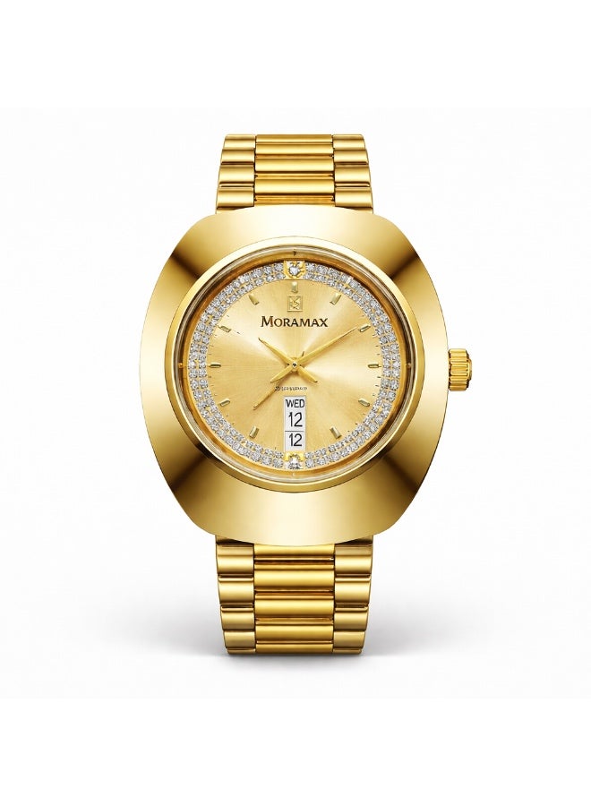 Moramax Luxury Men's Gold-Tone Watch – Scratch-Resistant Sapphire Glass, Crystal-Inlay Dial, Shield-Case Design with Adjustable Steel Bracelet - Image 2