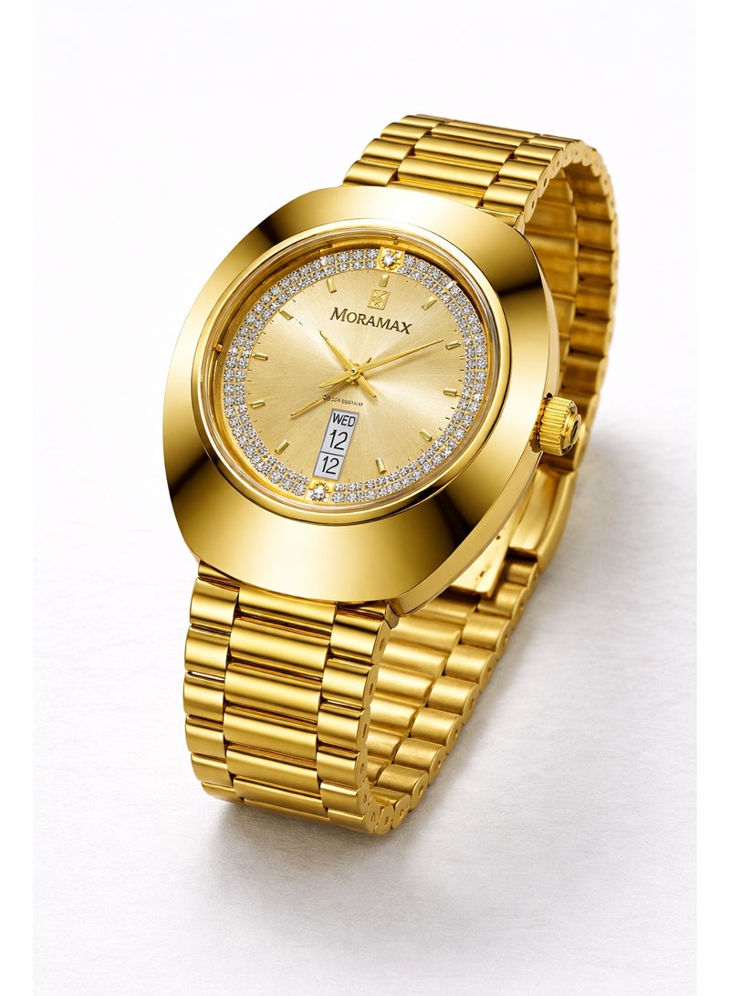 Moramax Luxury Men's Gold-Tone Watch – Scratch-Resistant Sapphire Glass, Crystal-Inlay Dial, Shield-Case Design with Adjustable Steel Bracelet - Image 1
