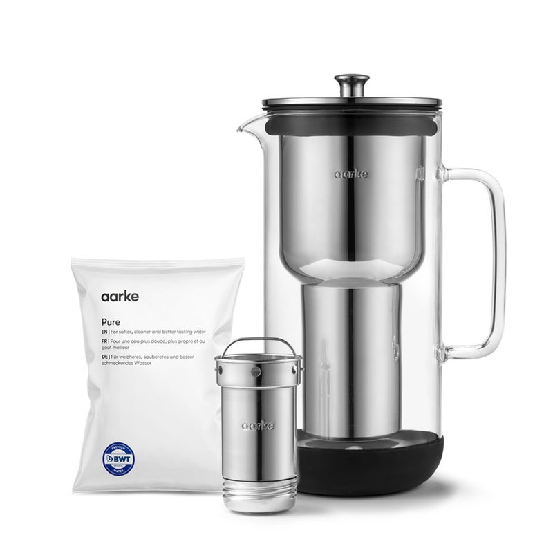 Aarke Purifier Water Filter Jug in Glass and Stainless Steel 24L  10 Cups Includes Aarke Pure Filter Refill Bag