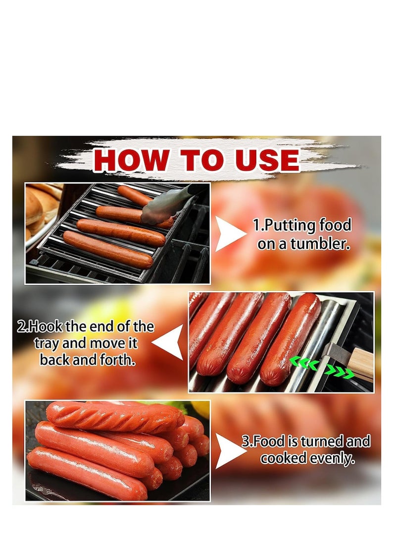 Excefore Barbecue Sausage Roller Grill, Hot Dog Roller, BBQ Hot Dog Griller Rack, Stainless Steel Hot Dog Roller Griller Rack, with Wood Handle Evenly Cooked for Hot Dog Sausages - Image 5