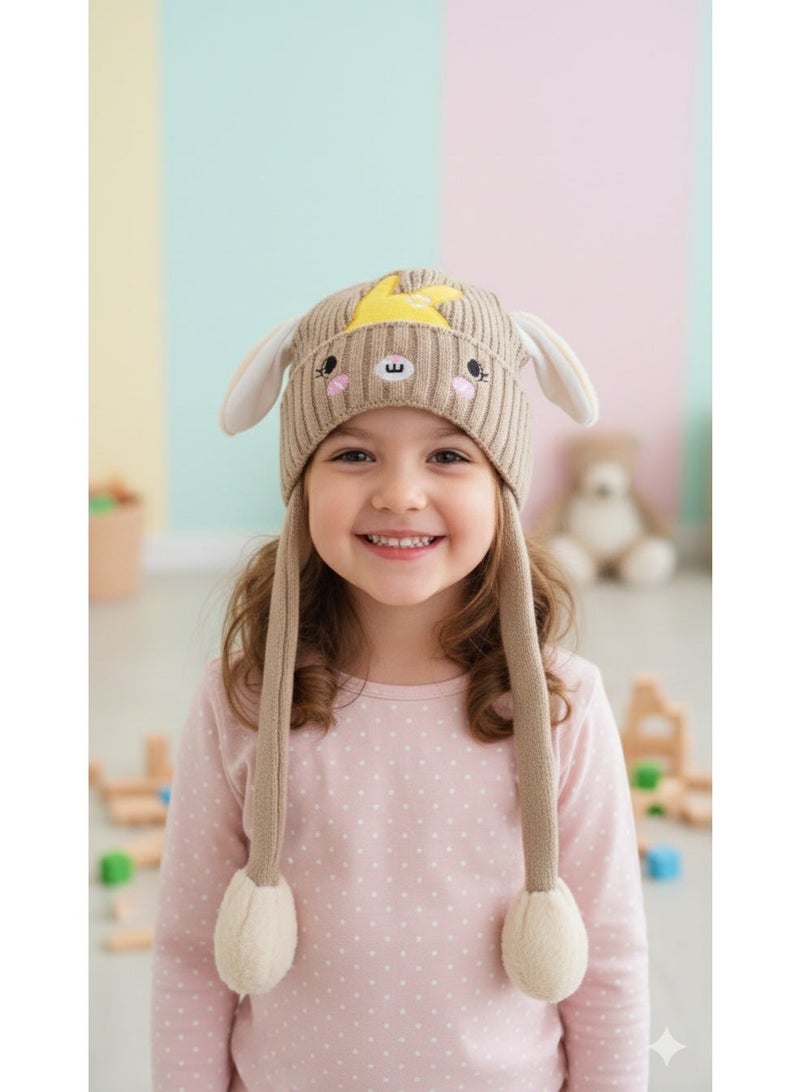 zoba Cute bunny design winter hat for kids with movable ears and pom-pom - Beige - Image 2
