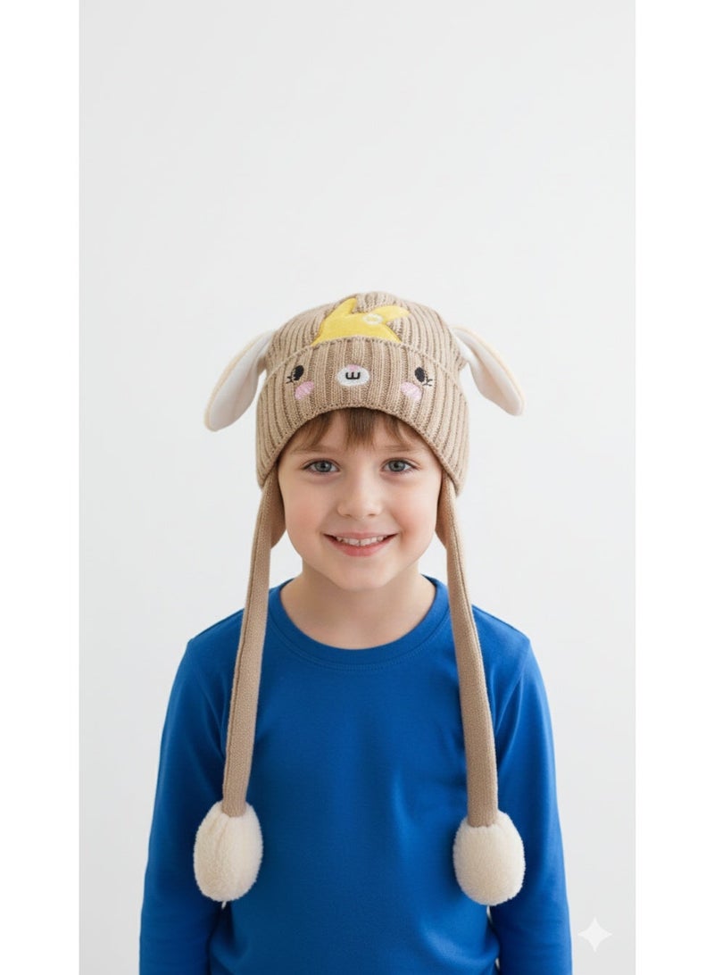 zoba Cute bunny design winter hat for kids with movable ears and pom-pom - Beige - Image 3