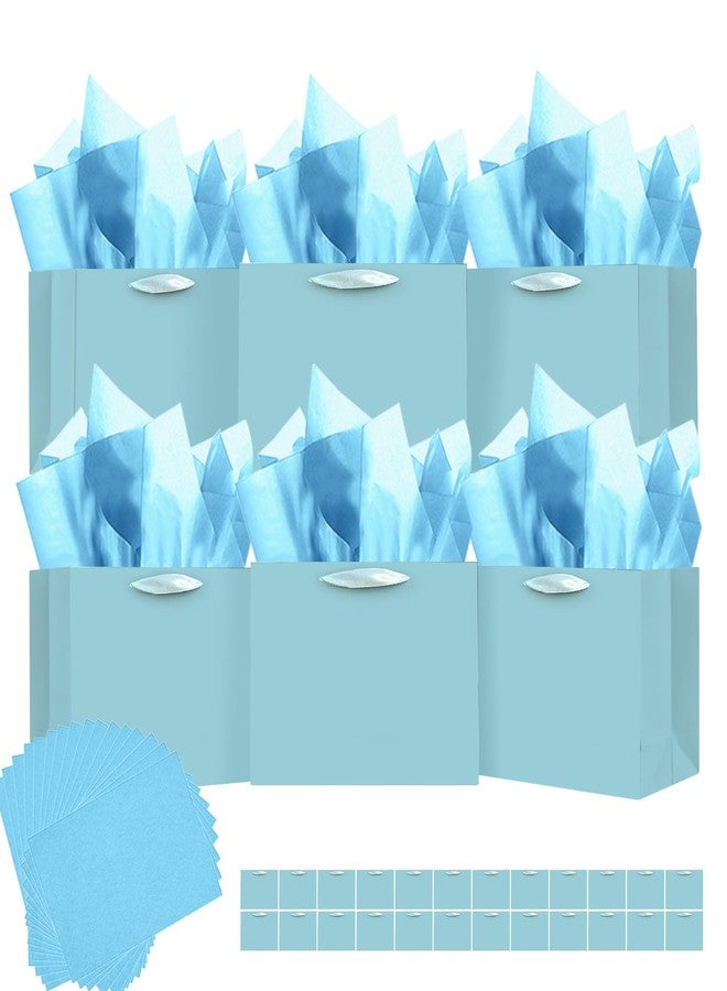 qiqee 24PCS Lake Blue Gift Bags with Ribbon Handles 9.6"x7.9"x4.3" Medium Size Gift Bags (Tissue Paper included, Medium Wide - Image 1