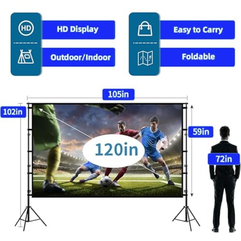 Projector Screen with Stand 120 Inch, Portable Foldable Projection Screen 4K HD Wrinkle-Free Movie Screen, Indoor Outdoor Home Theater Backyard Cinema with Carry Bag - Image 2