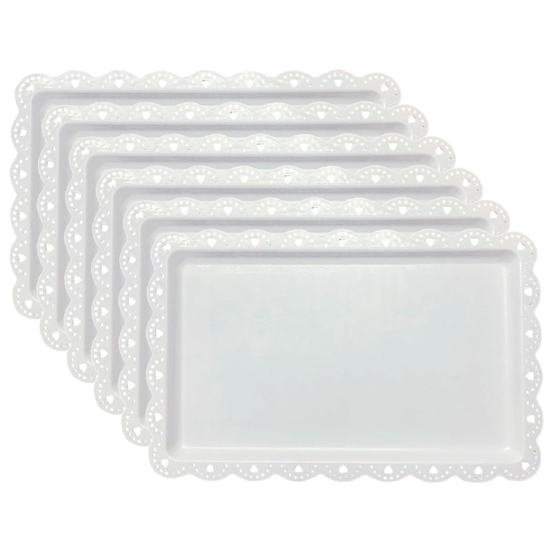 FEOOWV Set of 6 Plastic Serving Trays Food Tray - 14" x 9" Rectangle Serving Platter for Party Cafeteria Kitchen Restaurant , Small Flat Trays for Dessert Fruit Cookie Snack (6, White) - Image 1