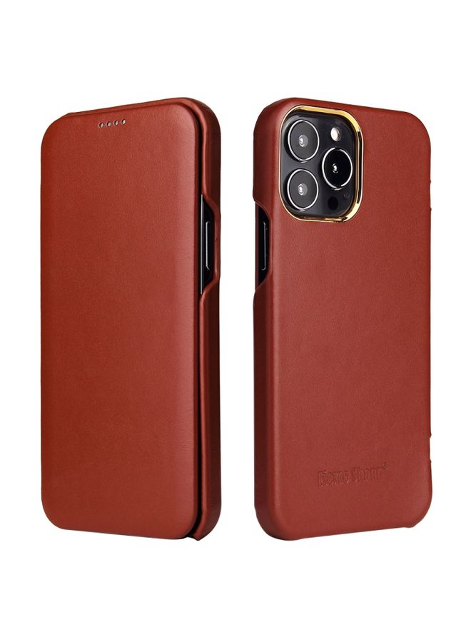 Case Cover For iPhone 13 Pro Max Fierre Shann Magnetic Genuine Leather Phone Case Brown