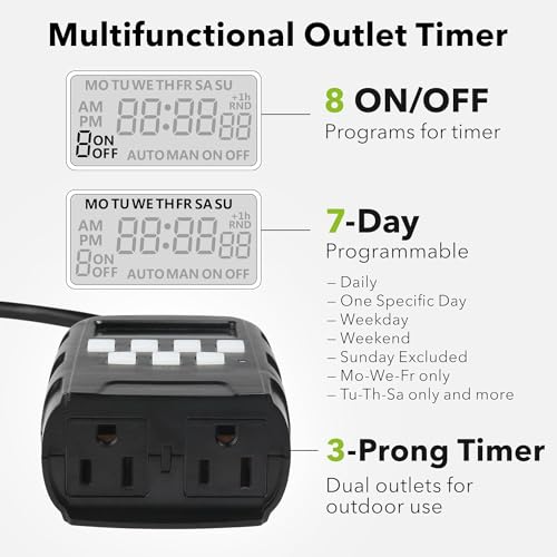 BN-LINK 7 Day Outdoor Heavy Duty Digital Programmable Timer, 125VAC, 60Hz, Dual Outlet, Weatherproof, Heavy Duty, Accurate for Lamps Ponds Christmas Lights 1875W 1/2HP ETL Listed - Image 2