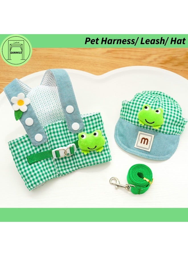Pet Harness Set with Leash Chest Strap and Hat Green Plaid Frog Cute Outfit for Cats and Dogs Fun Pet Clothes Home and Outdoor Use Size S - Image 1