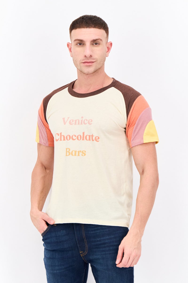 Feat Men Crew Neck Short Sleeves Graphic Printed T-Shirt, Cream - Image 1