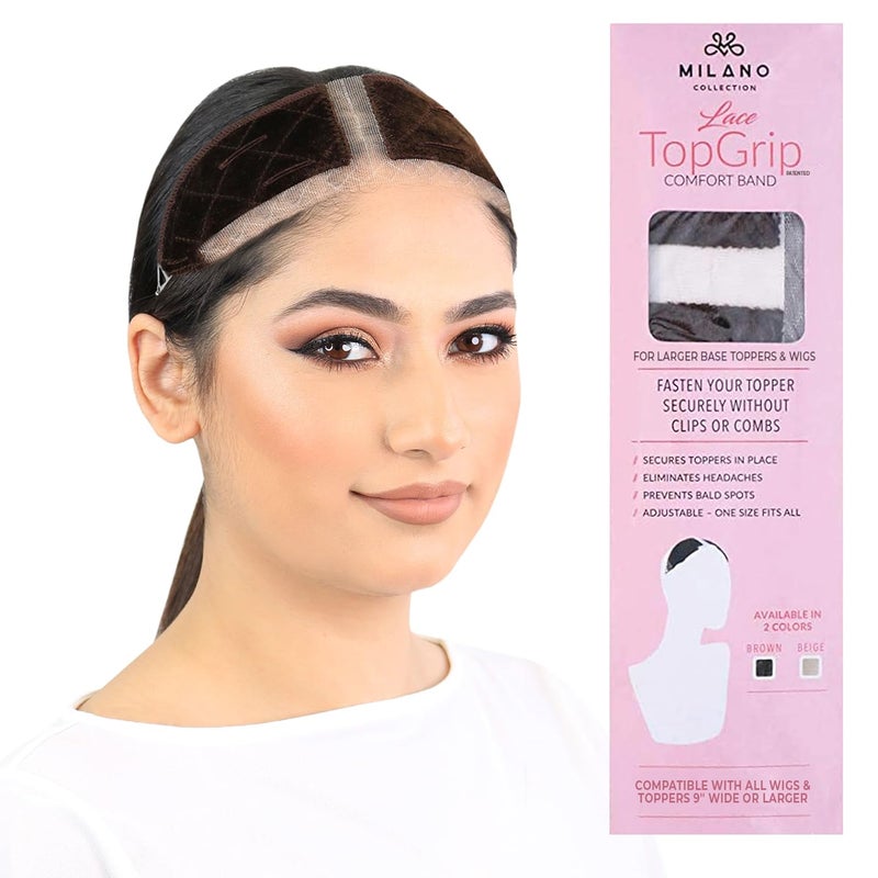 MILANO COLLECTION Lace Top Grip Comfort Band for Toppers Hair  Wiglets NonSlip Glueless Velvet Wig Band for Large Base Hairpieces Adjustable Top Grip for Hair Topper  Wigs Chocolate Brown Large