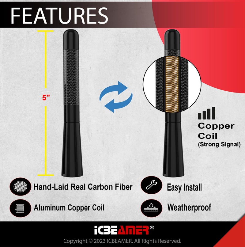 ICBEAMER [2024 Upgraded] ICBEAMER 5" Carbon Fiber & Matte Black Short Antenna – Polished Aluminum, Internal Copper Coil – Universal AM/FM Radio Replacement for Cars, Trucks & Vans - Image 2