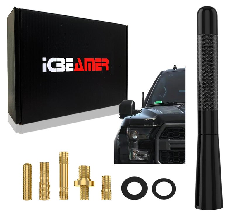 ICBEAMER [2024 Upgraded] ICBEAMER 5" Carbon Fiber & Matte Black Short Antenna – Polished Aluminum, Internal Copper Coil – Universal AM/FM Radio Replacement for Cars, Trucks & Vans - Image 1