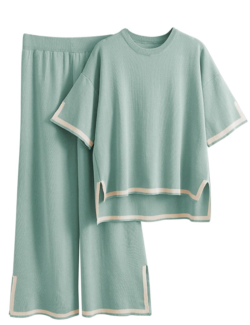 Tanming Sweater Sets Women 2 Piece Lounge Sets Short Sleeve Knit Pullover Tops Wide Leg Pants (GreyGreen-L) - Image 1