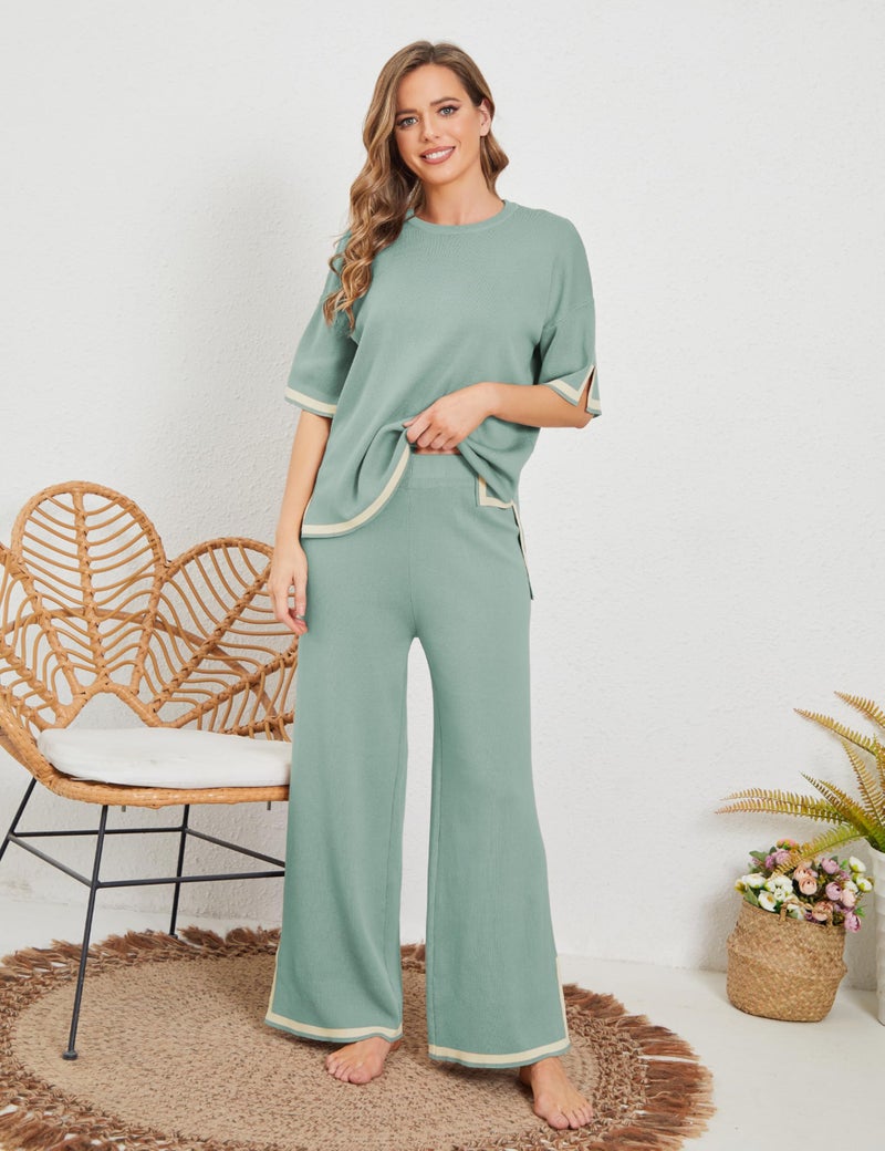 Tanming Sweater Sets Women 2 Piece Lounge Sets Short Sleeve Knit Pullover Tops Wide Leg Pants (GreyGreen-L) - Image 2