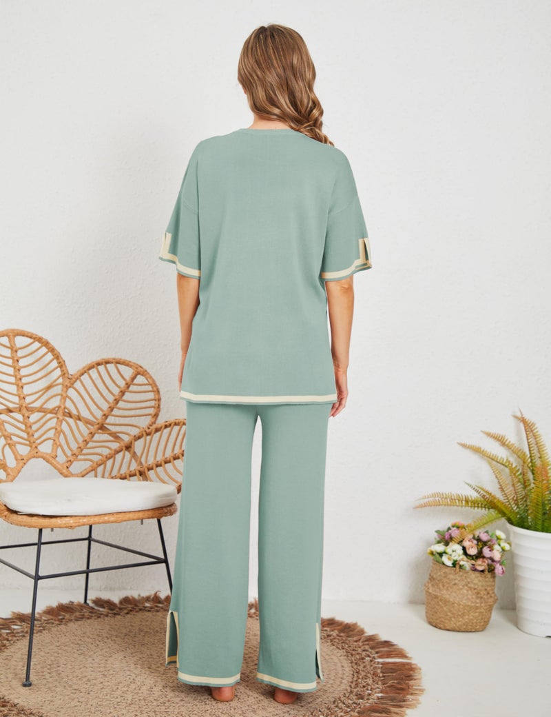 Tanming Sweater Sets Women 2 Piece Lounge Sets Short Sleeve Knit Pullover Tops Wide Leg Pants (GreyGreen-L) - Image 3