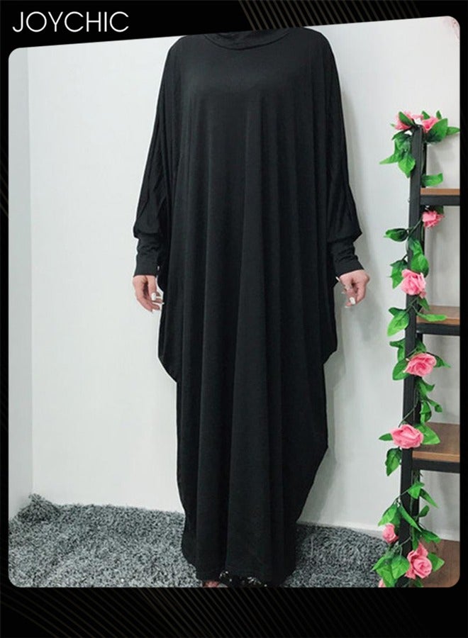 Joychic ملابس صلاة نسائية مسلمة بلون موحد بأكمام بات سليم لحماية من الشمس فستان طويل أسود - Image 2