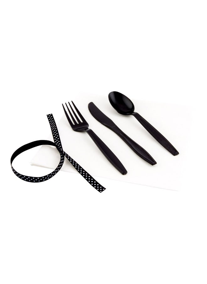 7.3 Inch x 2 Inch Disposable Cutlery Sets, 100 Plastic Flatware Sets - Polka Dot Ribbon, Individually Wrapped With White Napkin, Black Plastic Silverware Sets, For Weddings And Events