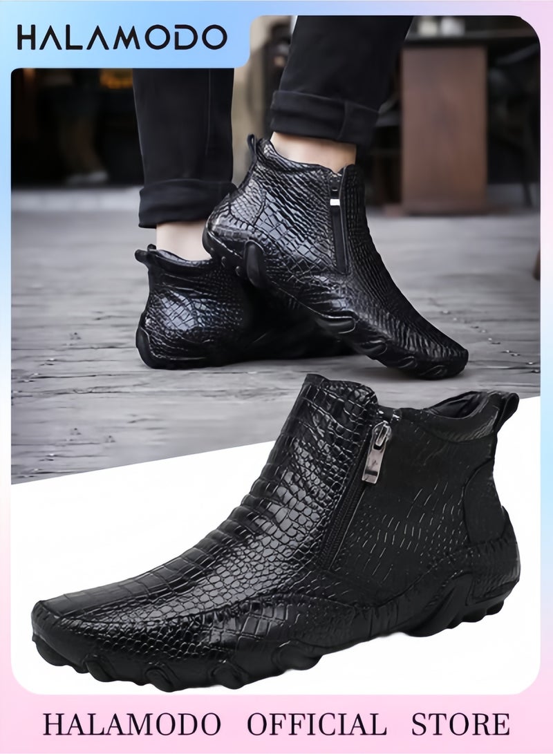 هالامودو حذاء رجالي كاجوال من الجلد بسحاب منقوش بخطوط تمساح ونعل مضاد للانزلاق وجلد منقوش ونمط عمل غير رسمي للرجال - Image 1