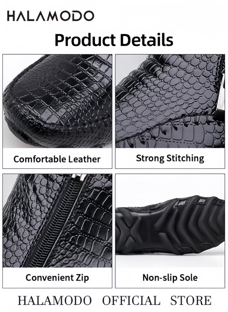 هالامودو حذاء رجالي كاجوال من الجلد بسحاب منقوش بخطوط تمساح ونعل مضاد للانزلاق وجلد منقوش ونمط عمل غير رسمي للرجال - Image 5