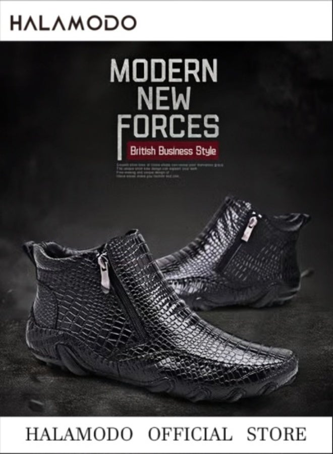 هالامودو حذاء رجالي كاجوال من الجلد بسحاب منقوش بخطوط تمساح ونعل مضاد للانزلاق وجلد منقوش ونمط عمل غير رسمي للرجال - Image 3